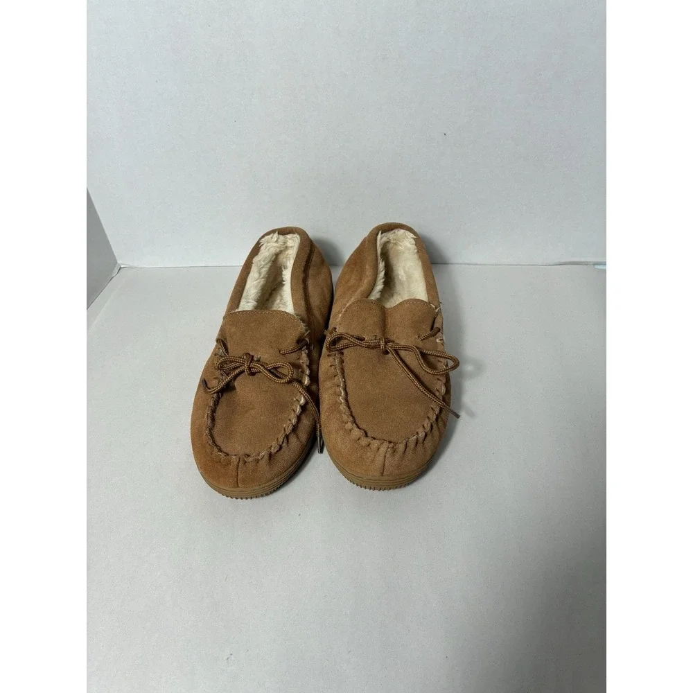 LAM Moccasin Suede Brown Slippers Faux Fur Lining Indoor / Outdoor Men's Size 10